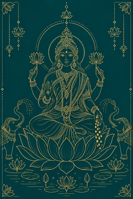 Golden Line-Art Lakshmi on Lotus