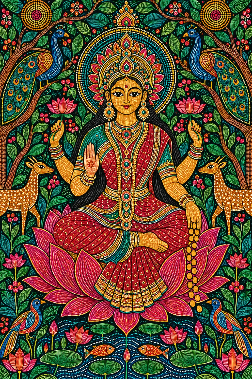 Gond-Style Lakshmi in a Jewel-Toned Garden wall tapestry artwork
