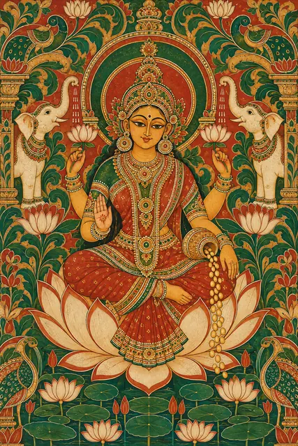Lakshmi Amidst Temple Garden Splendour