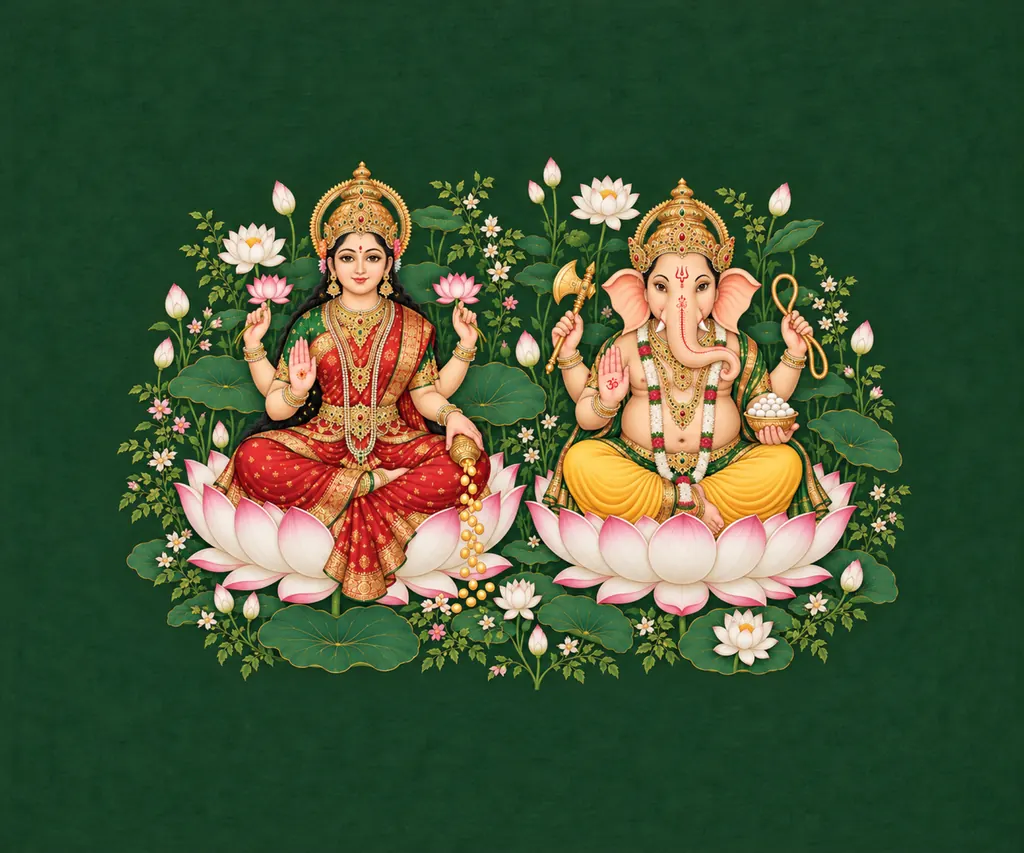 Lakshmi Ganesha in a Pichwai Lotus Garden wall tapestry artwork