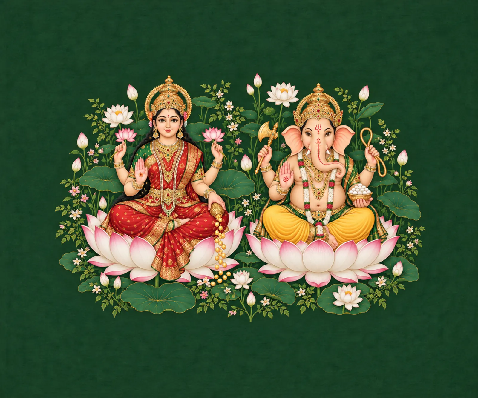 Lakshmi Ganesha in a Pichwai Lotus Garden wall tapestry artwork