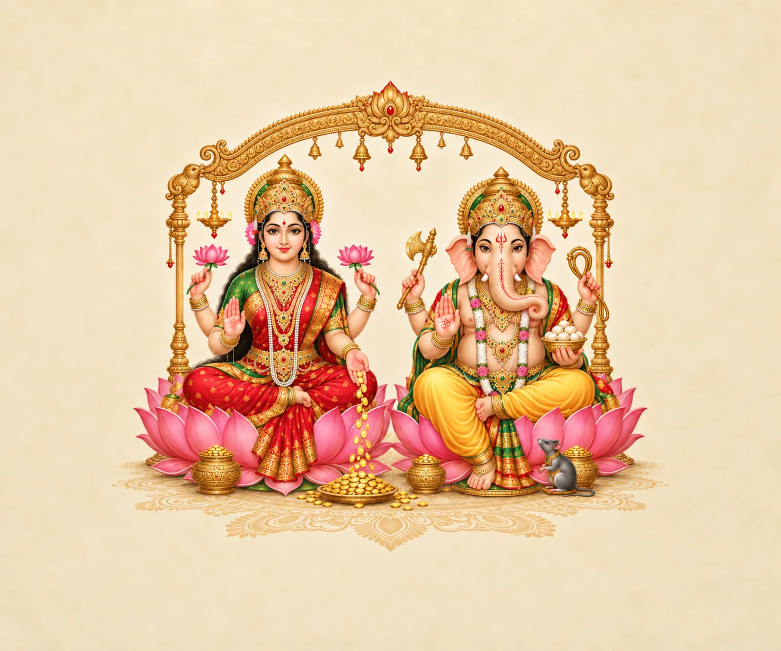 Lakshmi Ganesha in Ivory Gold wall tapestry artwork