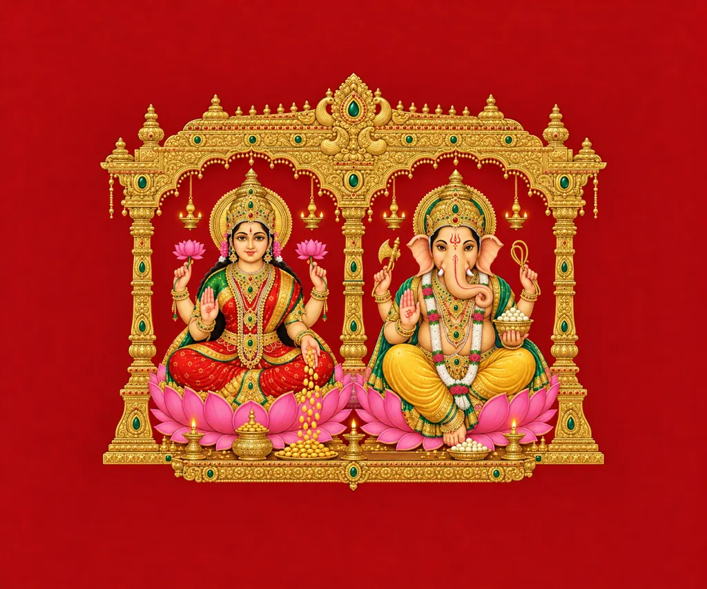 Lakshmi Ganesha in Tanjore Red wall tapestry artwork