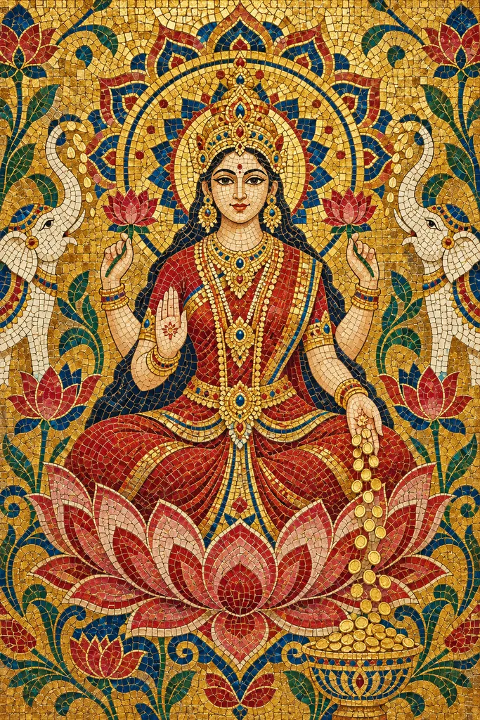 Lakshmi Mosaic of Golden Abundance wall tapestry artwork