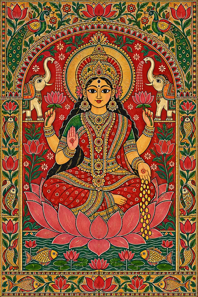 Madhubani Lakshmi on a Lotus wall tapestry artwork