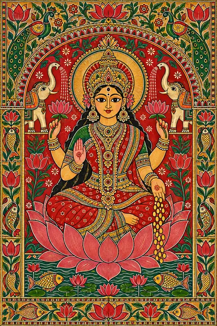 Madhubani Lakshmi on a Lotus