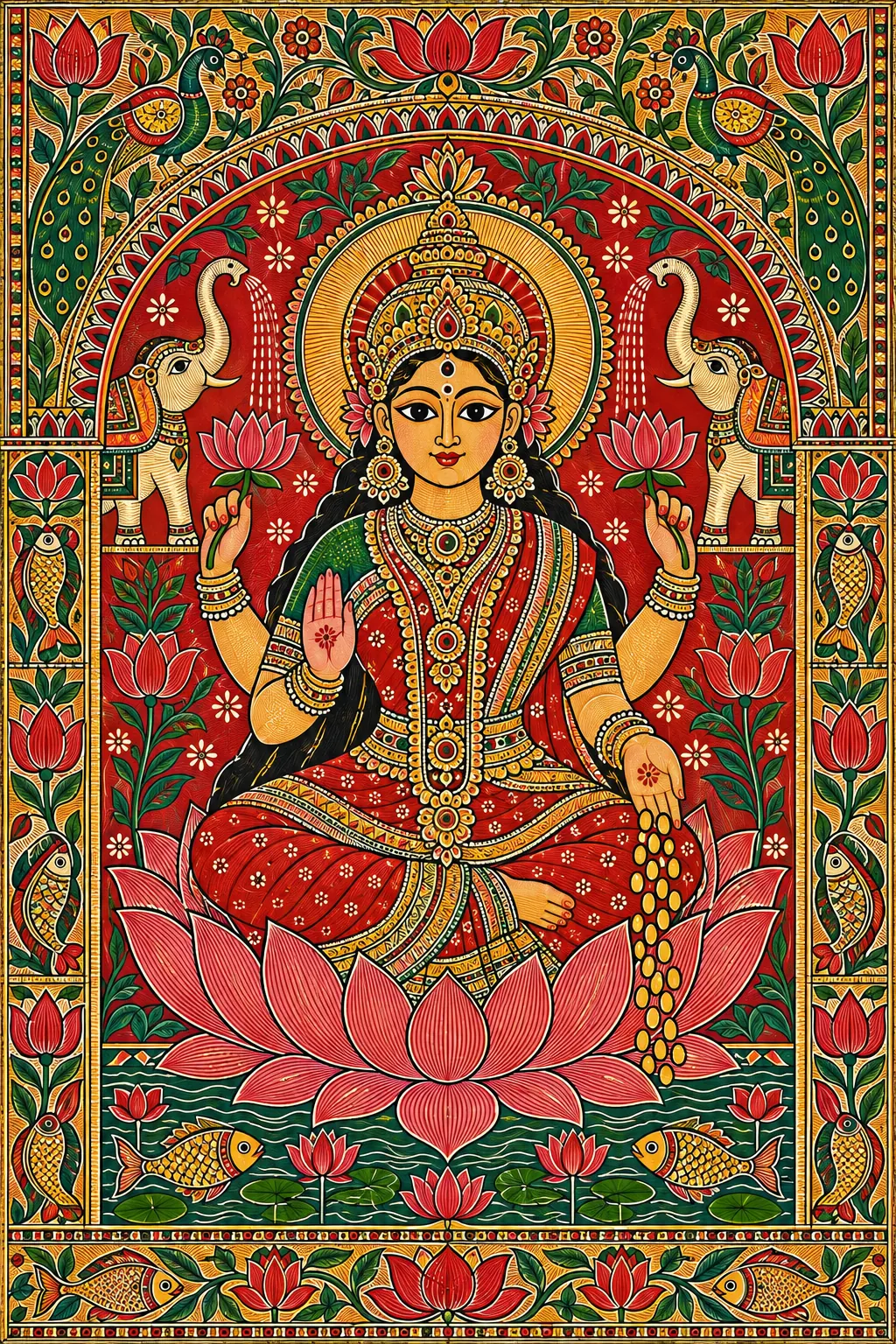 Madhubani Lakshmi on a Lotus wall tapestry artwork