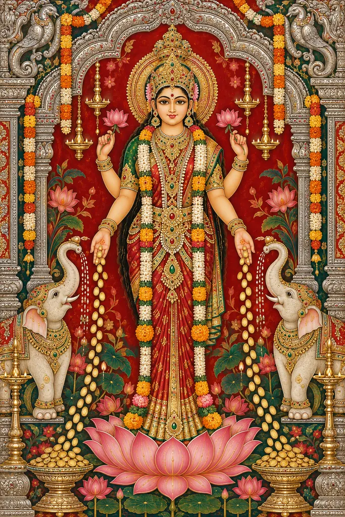 Ornate Lakshmi Temple Shrine with Golden Coins wall tapestry artwork