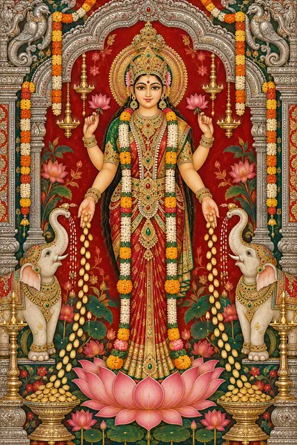 Ornate Lakshmi Temple Shrine with Golden Coins