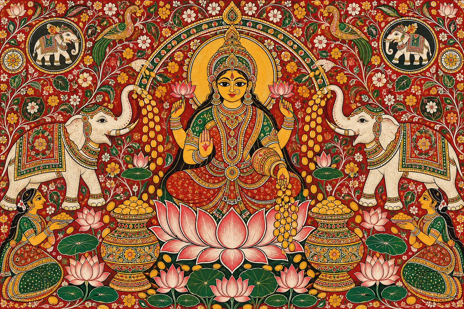 Ornate Pattachitra Lakshmi Tableau wall tapestry artwork