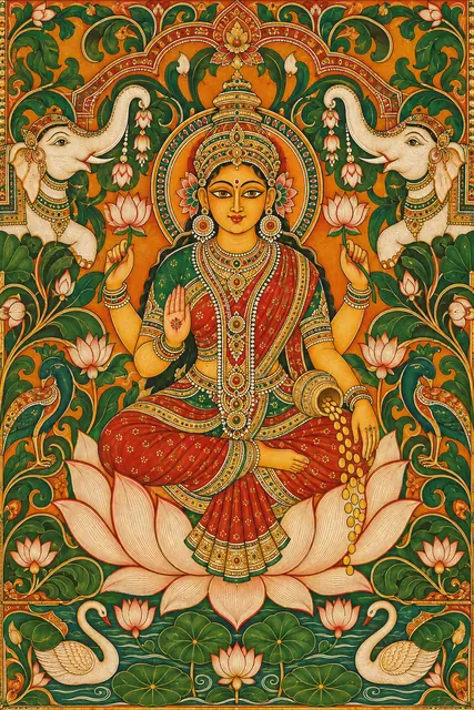 Symmetrical Lakshmi Mural with Elephants