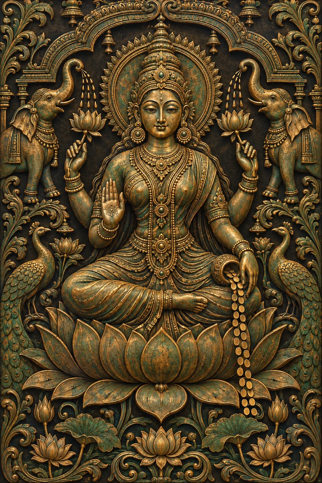 Verdigris Lakshmi Temple Relief wall tapestry artwork