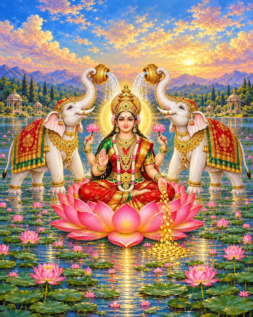 Gajalakshmi on the Lotus Pond wall tapestry artwork