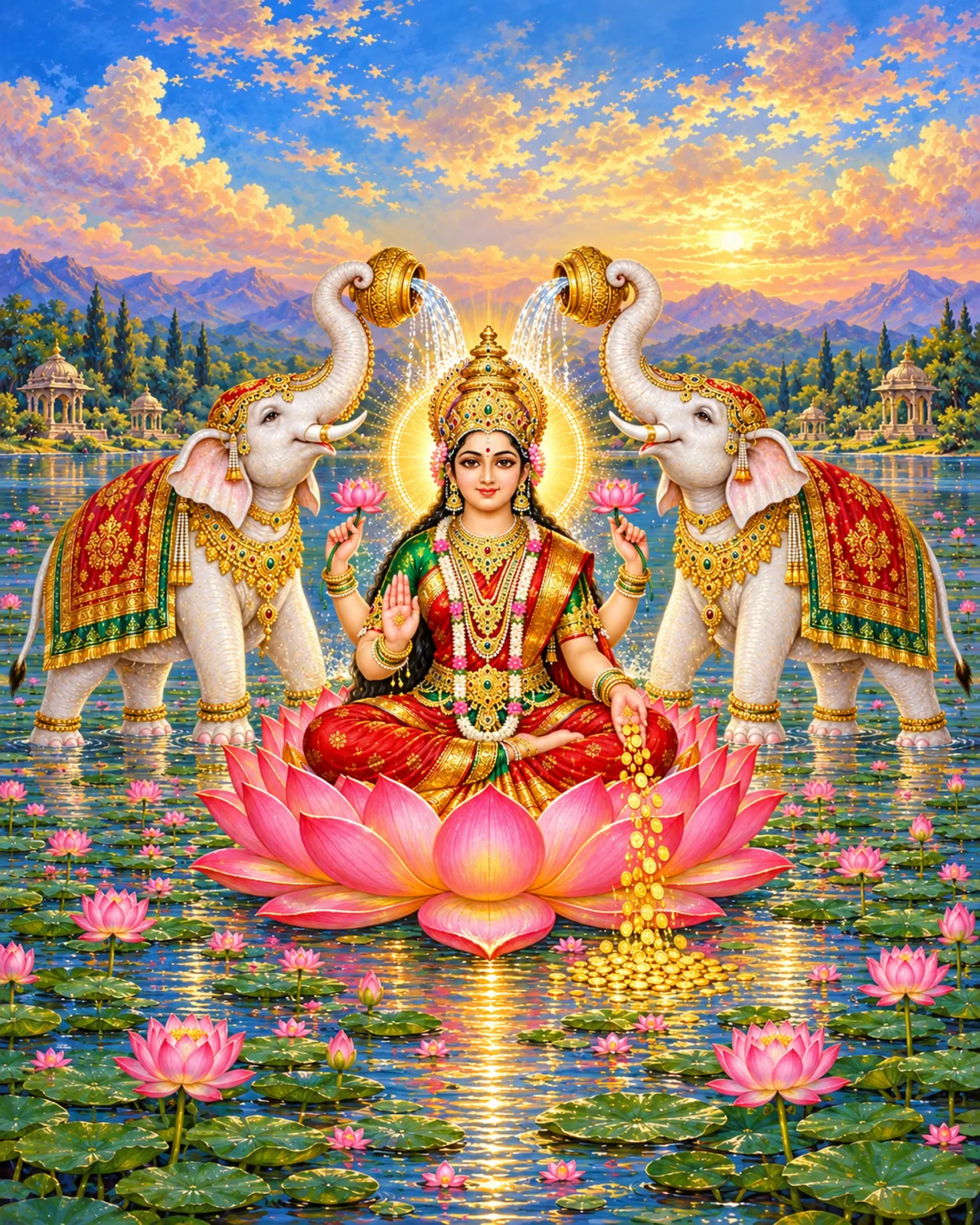Gajalakshmi on the Lotus Pond wall tapestry artwork