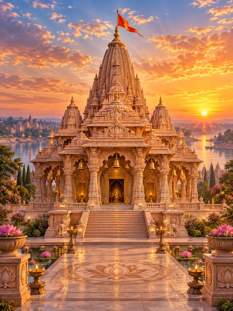 Ayodhya Temple at Dawn wall tapestry artwork