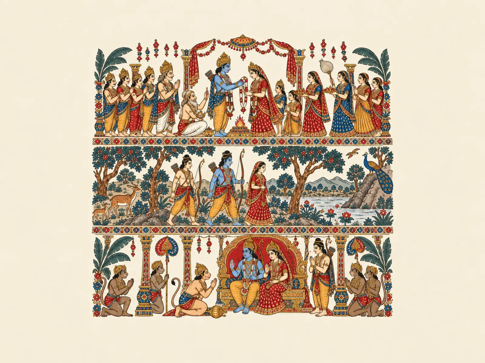 Kalamkari-Inspired Ramayana Panel wall tapestry artwork