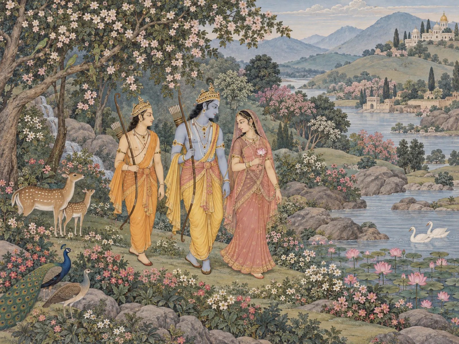 Pahari-Inspired Ramayana Scene wall tapestry artwork