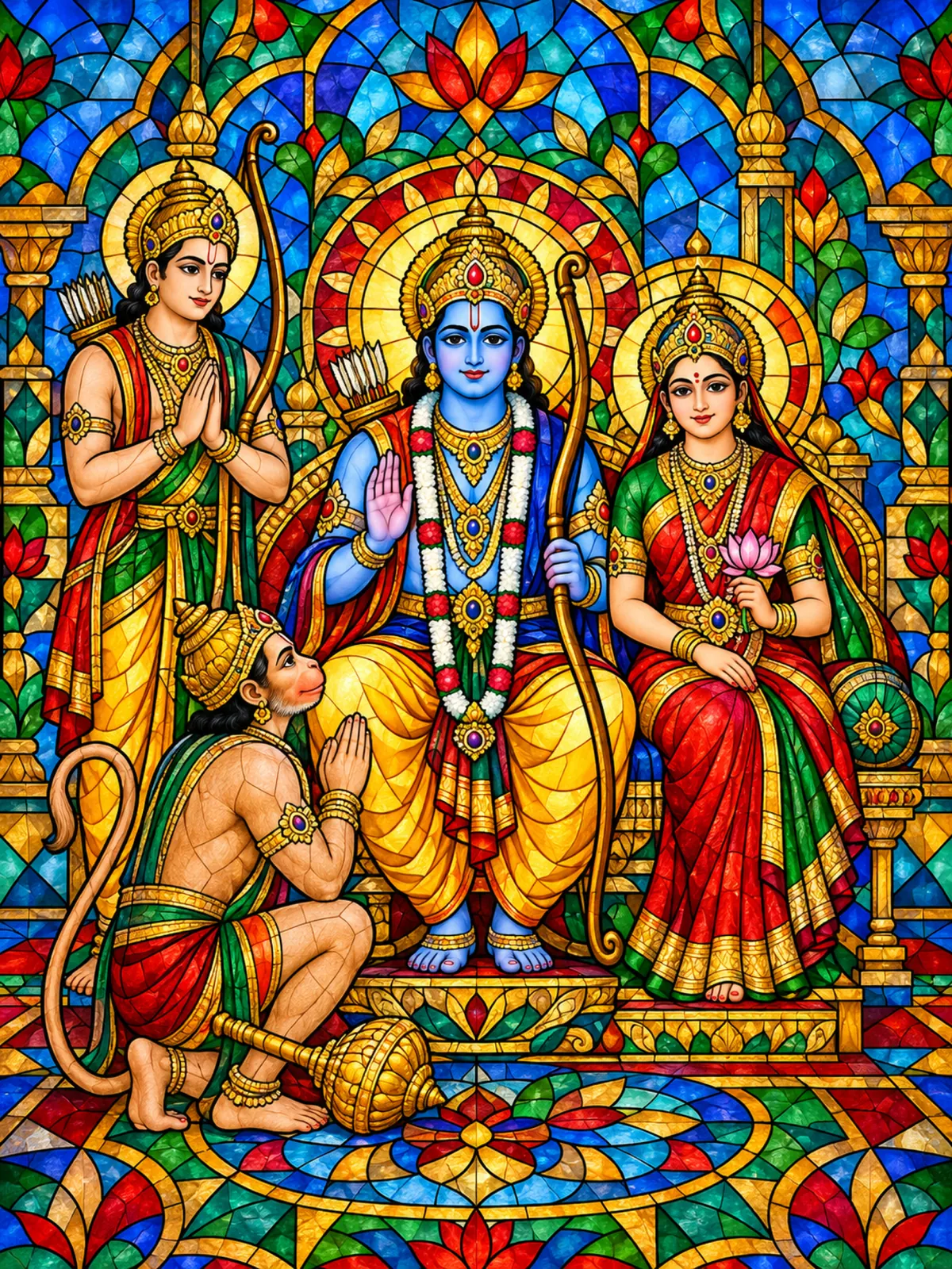 Stained Glass Style Ram Darbar wall tapestry artwork