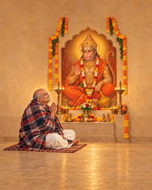 Neem Karoli Baba in Prayer to Hanuman