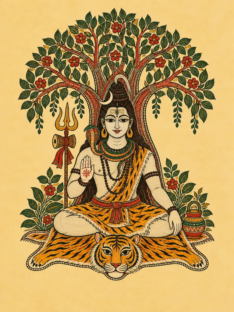 Madhubani-Inspired Shiva on Tiger Skin wall tapestry artwork