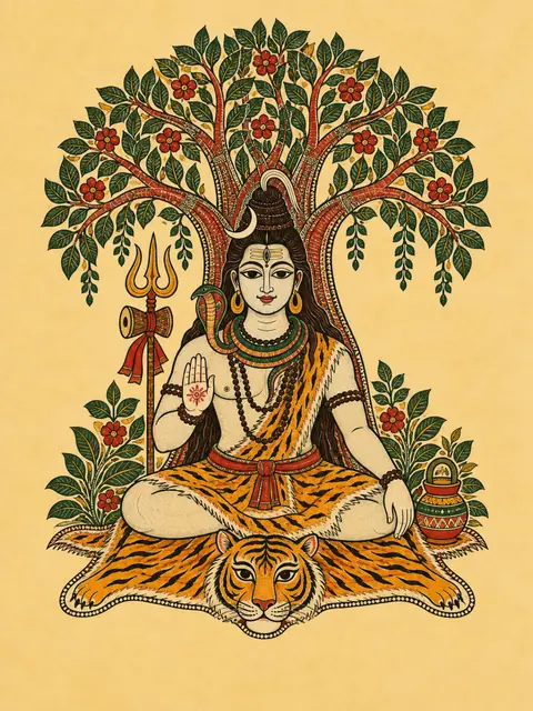 Madhubani-Inspired Shiva on Tiger Skin