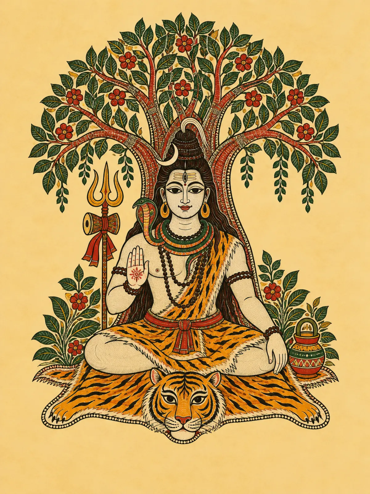 Madhubani-Inspired Shiva on Tiger Skin wall tapestry artwork
