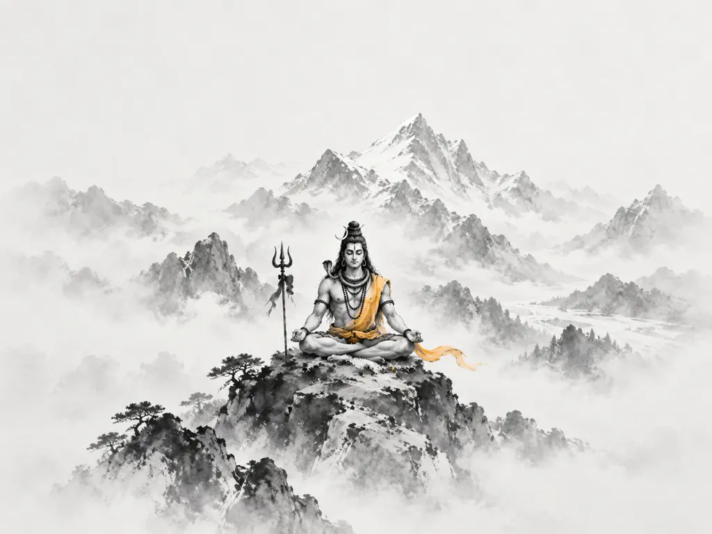 Shiva Ink Wash Himalaya wall tapestry artwork