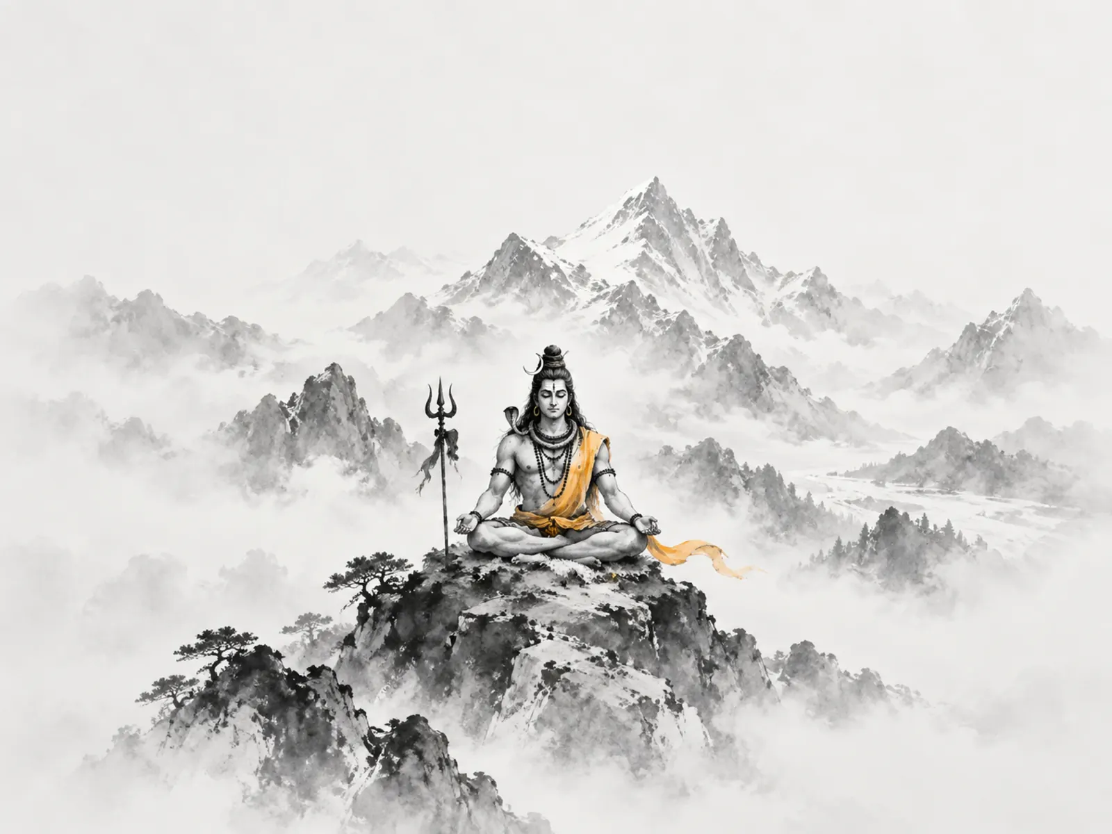 Shiva Ink Wash Himalaya wall tapestry artwork