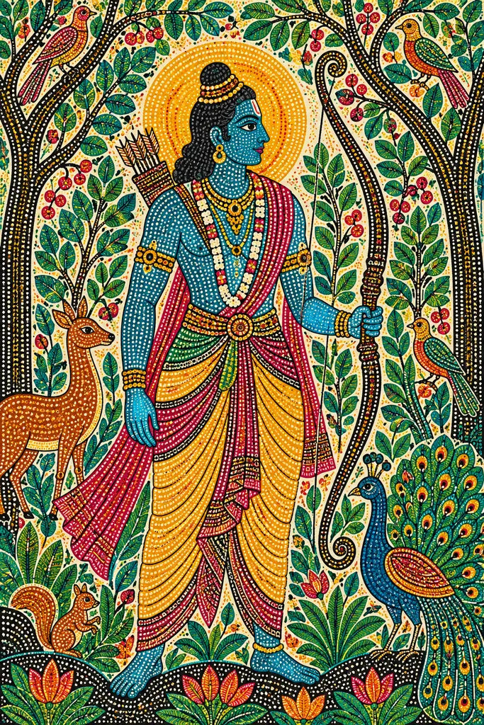 Gond Rama in a Dotted Forest Mural wall tapestry artwork