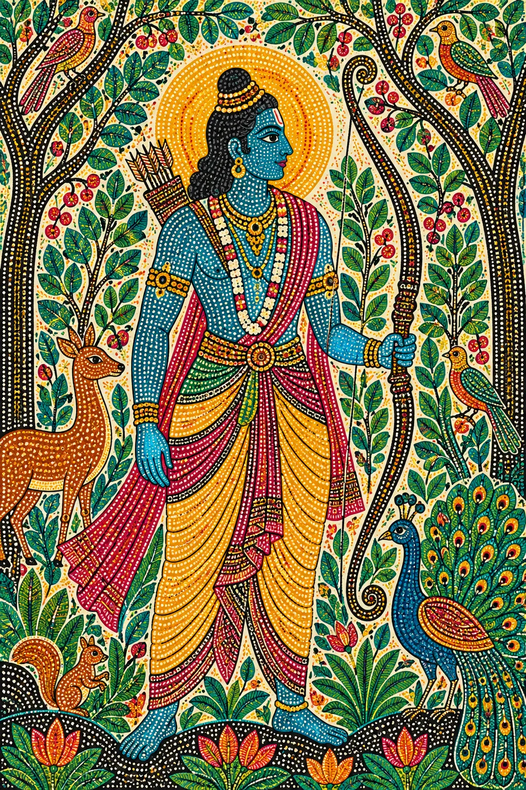 Gond Rama in a Dotted Forest Mural wall tapestry artwork
