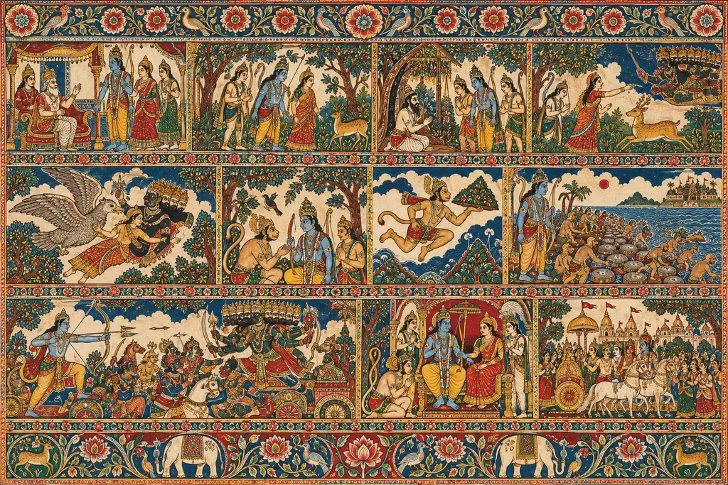 Kalamkari Ramayana Narrative Panel wall tapestry artwork