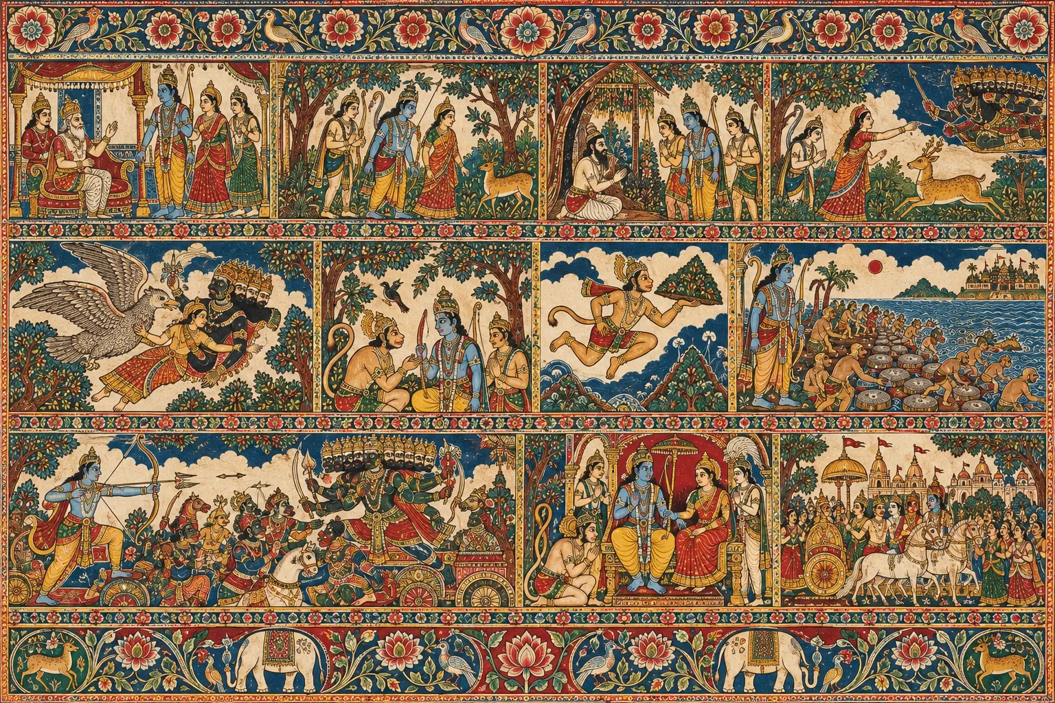 Kalamkari Ramayana Narrative Panel wall tapestry artwork
