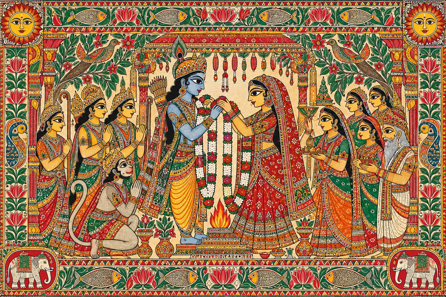 Madhubani Wedding Ceremony Tableau wall tapestry artwork