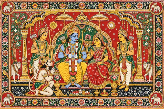 Ornate Pattachitra Ram Darbar Tableau