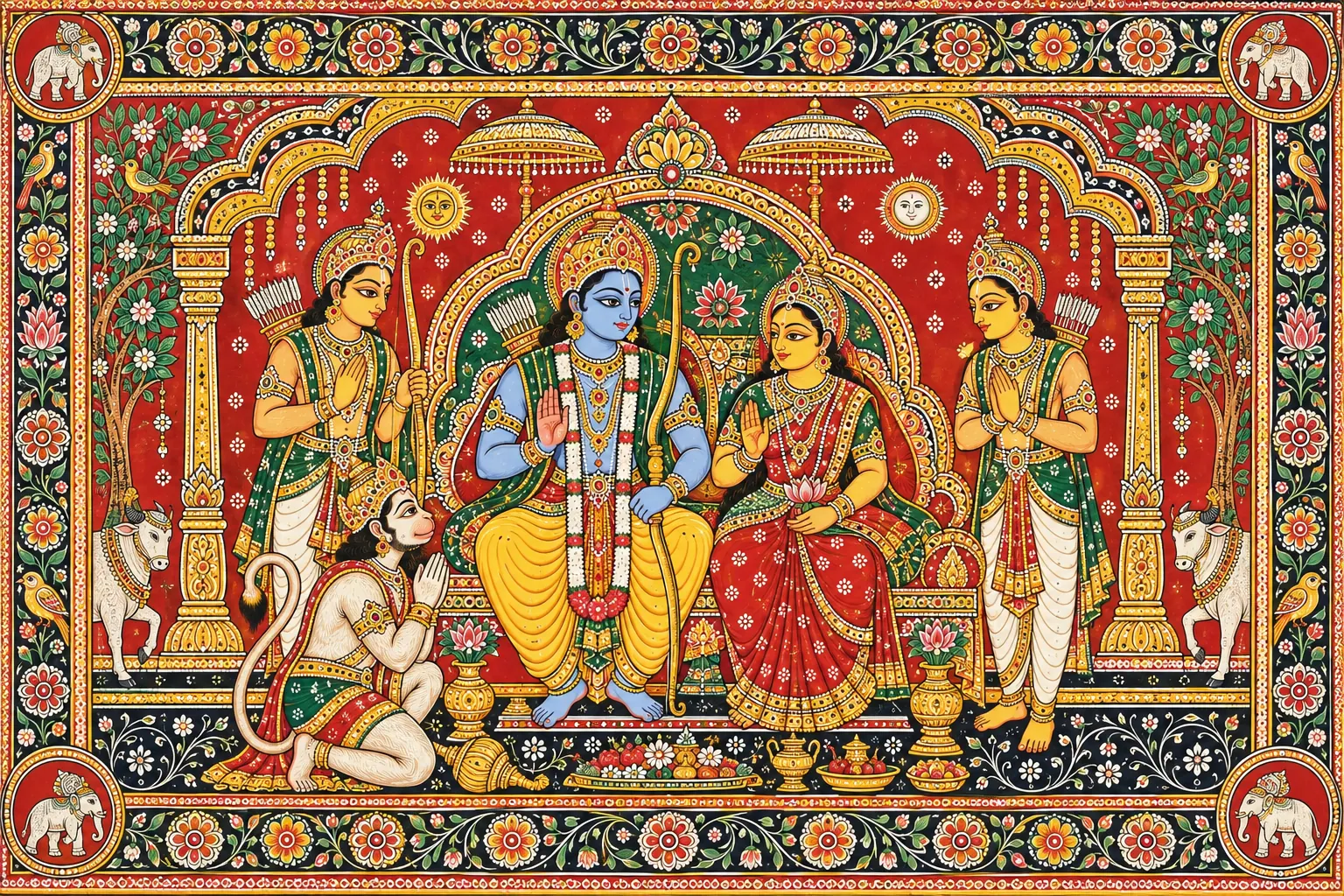Ornate Pattachitra Ram Darbar Tableau wall tapestry artwork