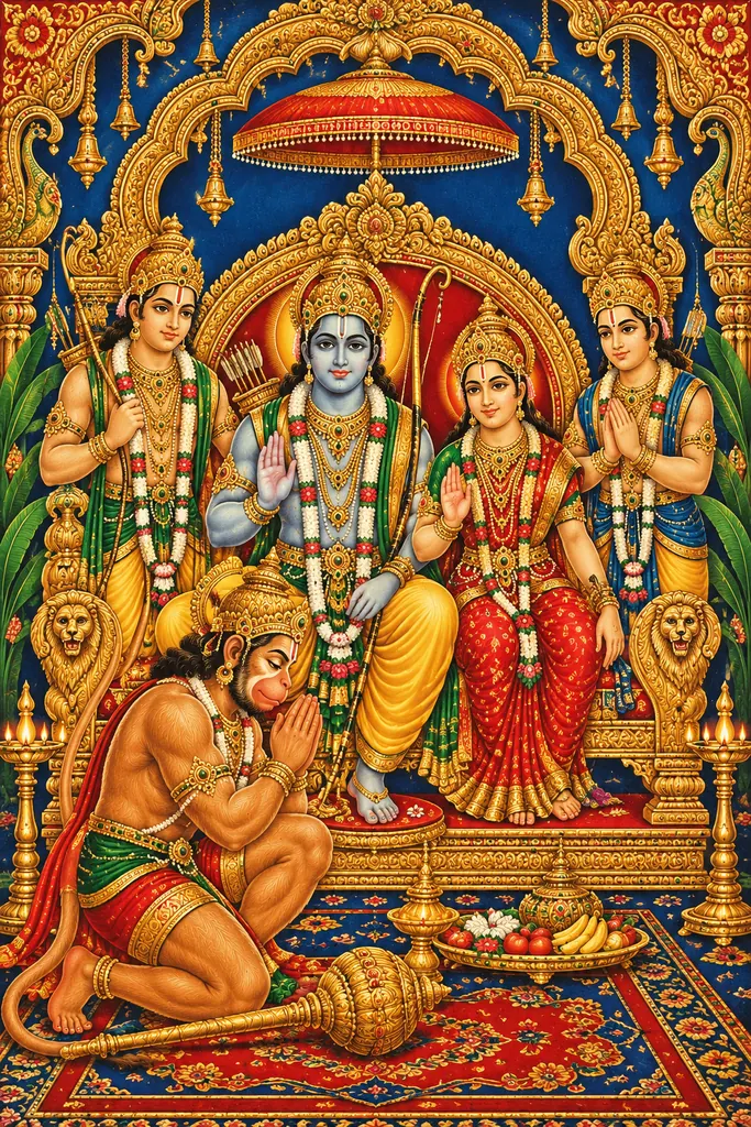 Ram Darbar: A Golden Devotional Tableau wall tapestry artwork