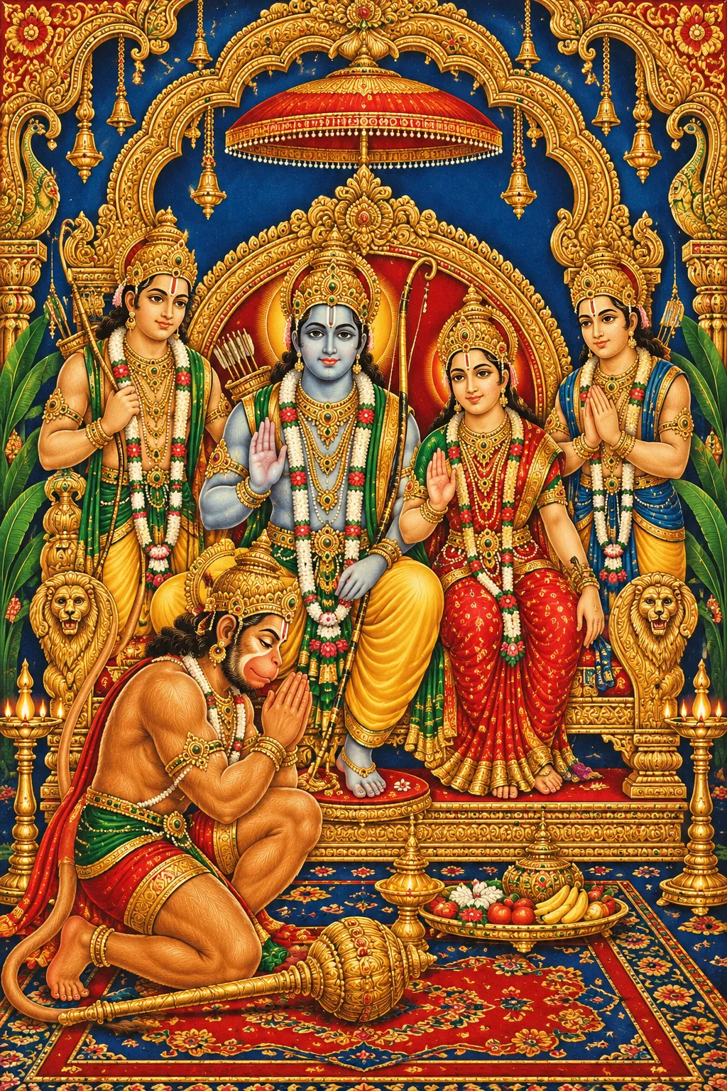 Ram Darbar: A Golden Devotional Tableau wall tapestry artwork