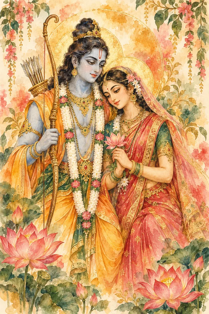 Rama and Sita Amidst Sacred Lotuses wall tapestry artwork