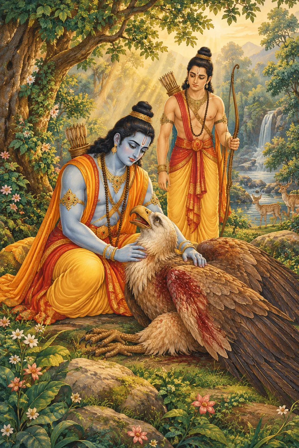 Rama Comforts Wounded Jatayu in the Forest wall tapestry artwork