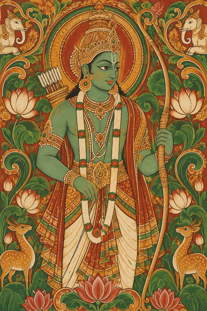 Traditional Rama Mural with Lotus and Deer wall tapestry artwork