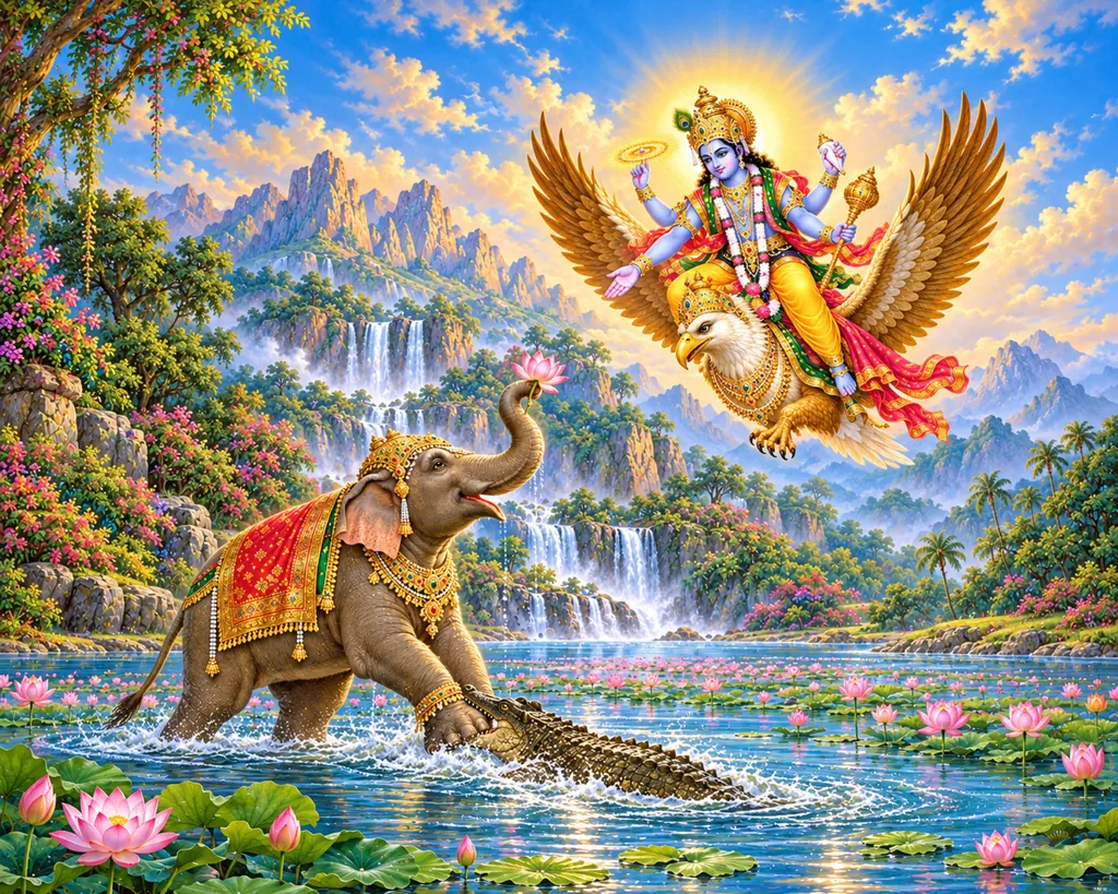 Gajendra Moksha wall tapestry artwork